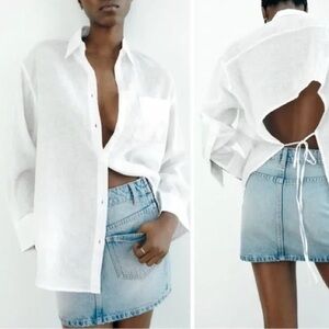 Zara 100% Linen Open Back Shirt w/ Tie (Off-White)